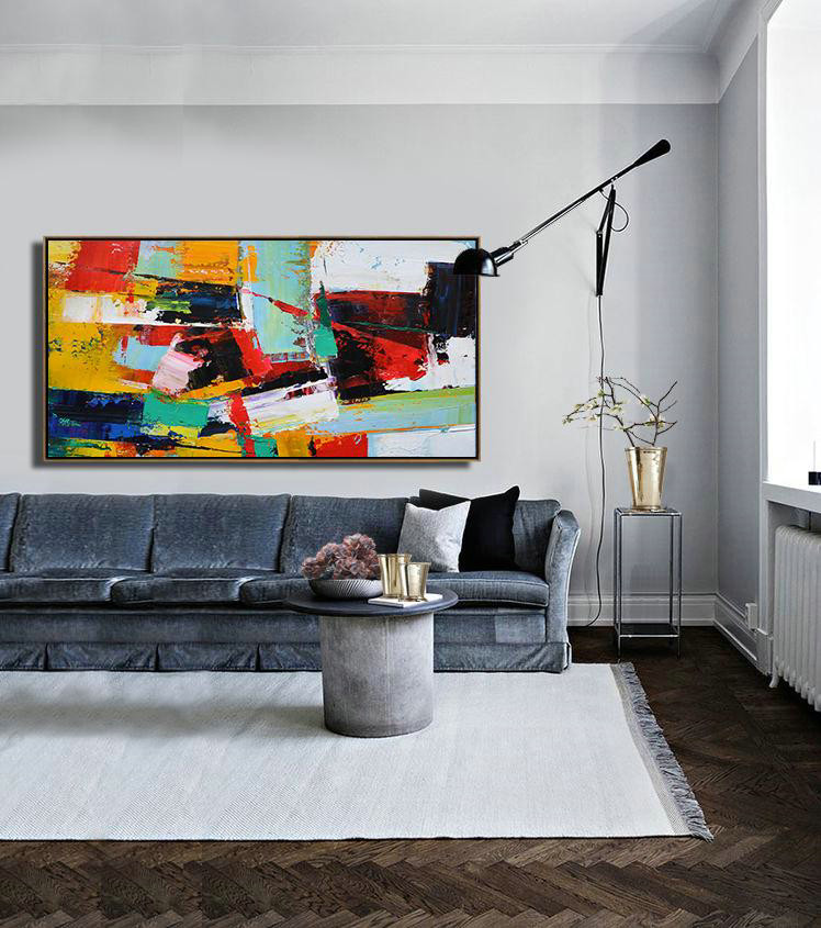 Original Artwork Extra Large Abstract Painting,Horizontal Palette Knife Contemporary Art Panoramic Canvas Painting,Large Abstract Wall Art,White,Yellow,Red,Black.etc